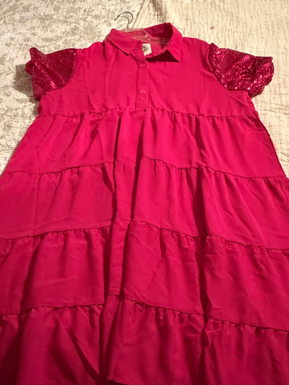 Bright Fuchsia Tiered Dress with Sequin Sleeve Accents